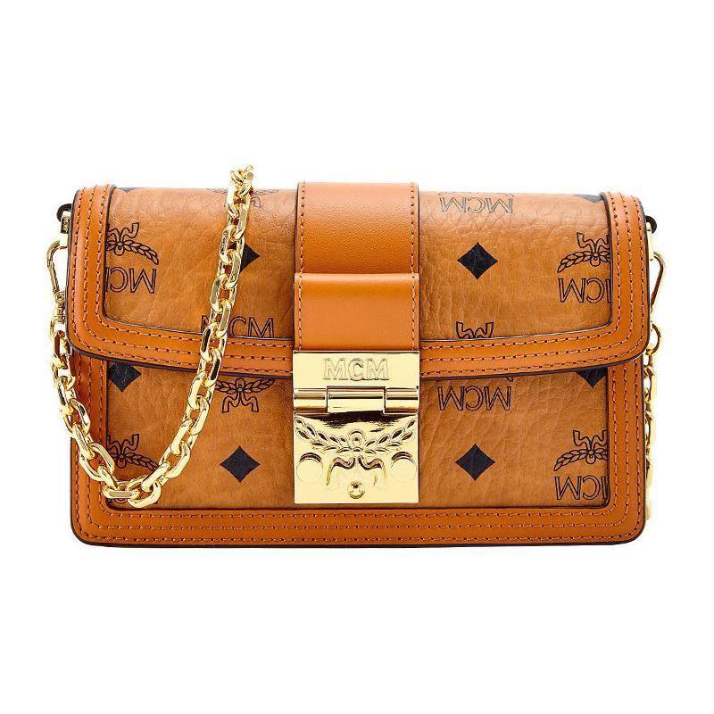 MCM Cognac Visetos Monogram Chain Wallet with Gold Lock Closure for Daily & Evening Use