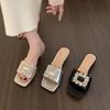 French rhinestone square buckle open-toed slippers women's shoes wear 2025 summer with skirt silver thick heel sandals