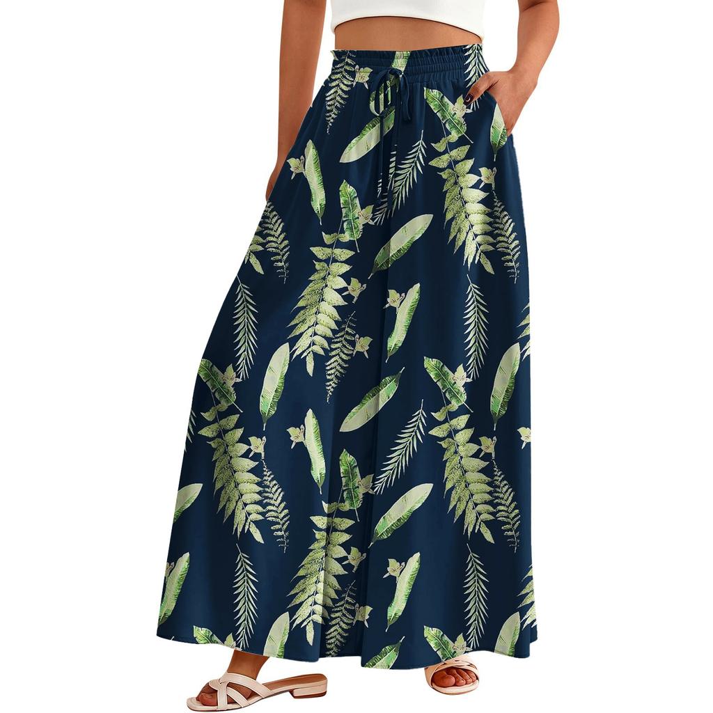 Women's Palazzo Pants Boho Floral Wide Leg Trousers Summer Beach High Waisted Flowy Pants With Pockets