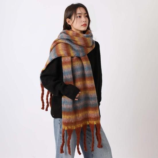 Женский клетчатый шарф, объемный, большой, зимний, шаль с кисточками, в стиле ретро, литературный, теплый, широкий шарф для женщин, подарки