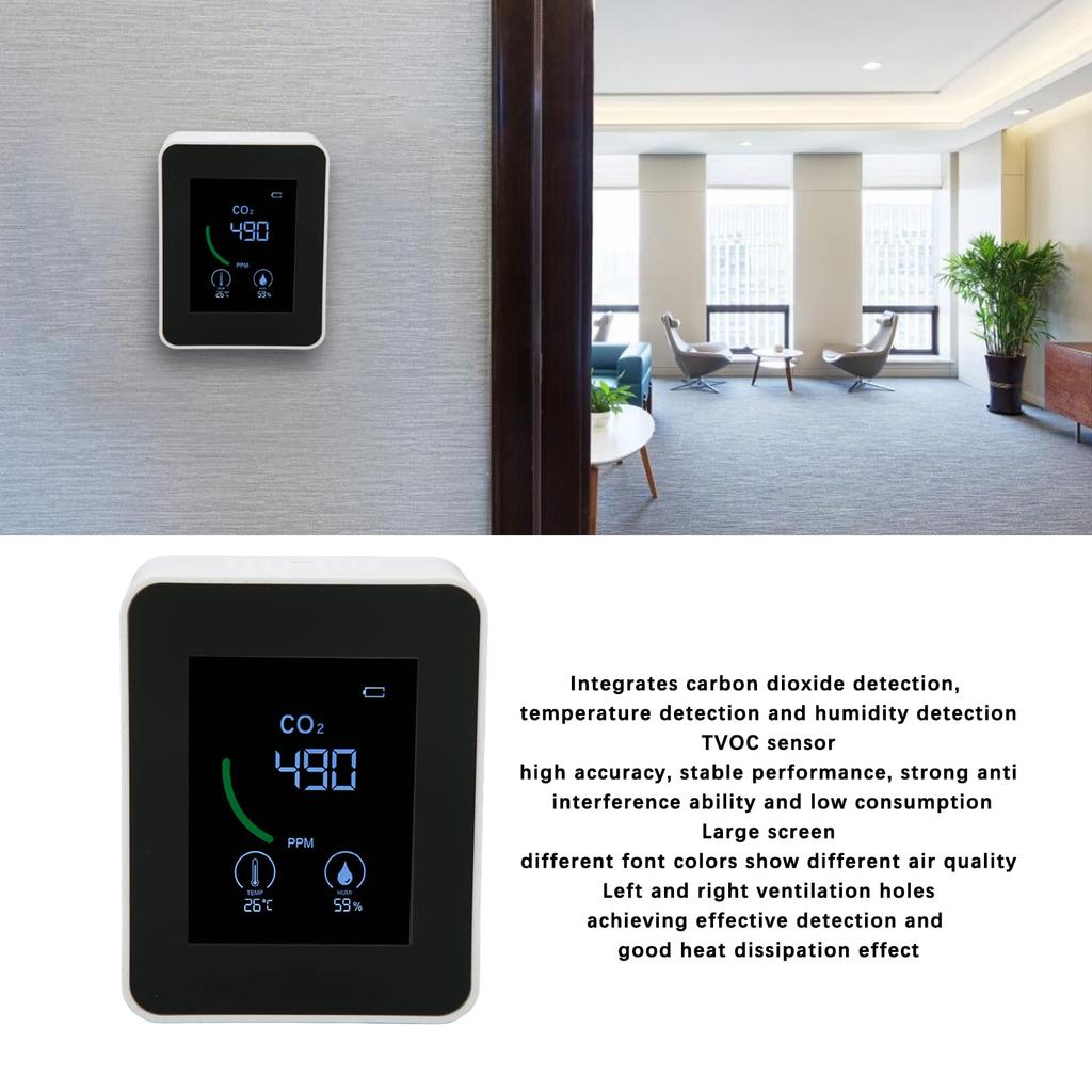 CO2 Meter with Temperature and Humidity Large Ventilated USB for Use High-Precision Detection, 3-in-1 Screen, Stable, Design, Charging,