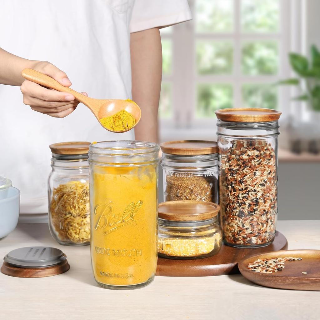 Regular Mouth and Wide Mouth Wooden Mason Jar Lids for Ball/Mason Jars, Reusable Acacia Wood Mason Jar Lids with Airtight Silicone Seal Perfect