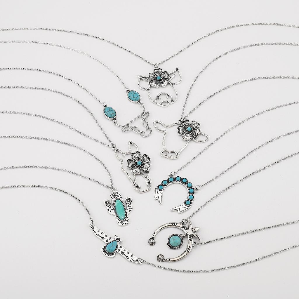 Винтажное этническое геометрическое бирюзовое ожерелье, модная цепочка на ключицу с цветком кактуса и головой коровы