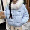 Дизайнерское полосатое пальто из хлопка с капюшоном, меховым воротником и бантом, утолщенное, для миниатюрных женщин