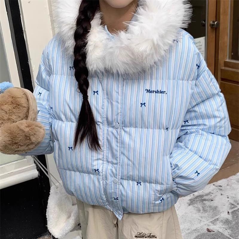 Дизайнерское полосатое пальто из хлопка с капюшоном, меховым воротником и бантом, утолщенное, для миниатюрных женщин