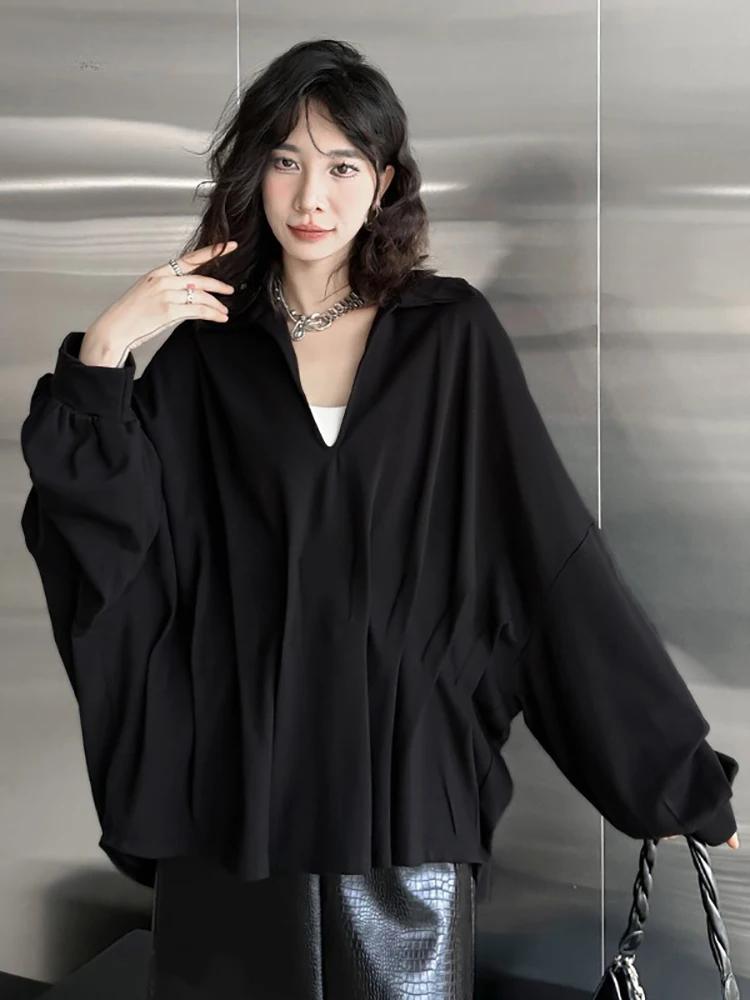 Xitao Асимметричные складки рукава «летучая мышь» женская блузка однотонный V-образный вырез пуловер свободный утягивающий топ пальто 2024 осень новинка ZY8887