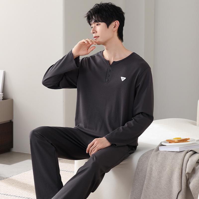 Pajamas Men'S Pure Cotton Long-Sleeved Spring And Autumn Casual Pullover High-End Simple Loungewear Large-Size Set