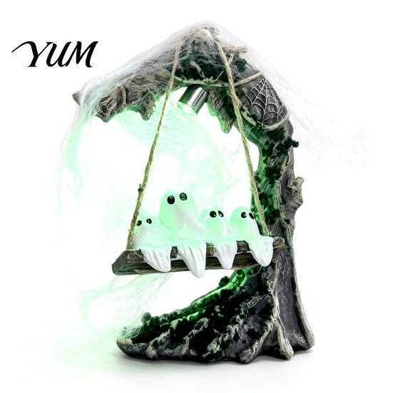Halloween Mystery Theme Ornament Ghosts on A Tree Swing Statue, Spooky Light Up Swinging Ghost Cute Figurine for Party with Spider Web Desktop