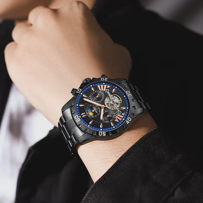 Men Business Casual Mechanical Watch Calendar Week Moon Phase Multifunctional Waterproof Luminous Stainless Steel Wristwatch