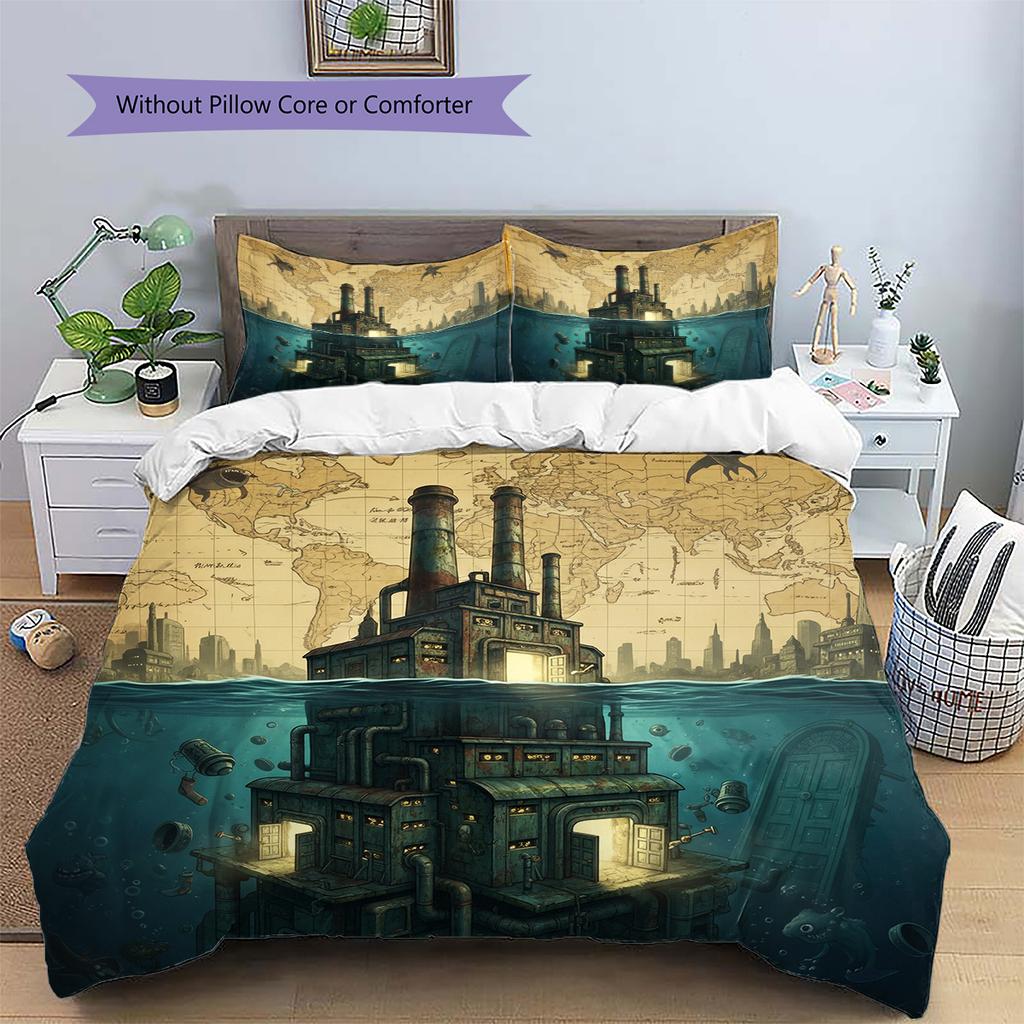 Map Ocean Architecture Pattern Bedding Quilt Set Home Decoration Gift (1 * duvet cover + 2 * pillowcase without core)