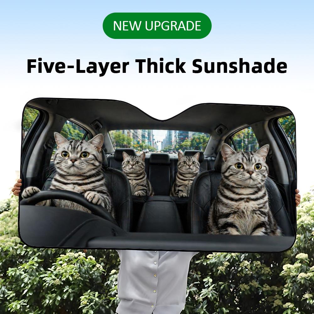 Funny Cat Driving Family Sun Visor Foil Windshield Sunshades UV Protector & Heat Shield Car Front Window Foldable