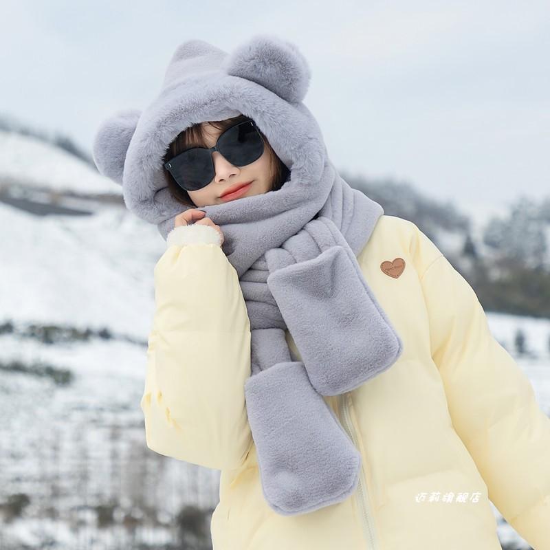 Rabbit Warm Hat Scarf Gloves Integrated Cute Autumn and Winter Stitch Plush Scarf Windproof Three-piece Female
