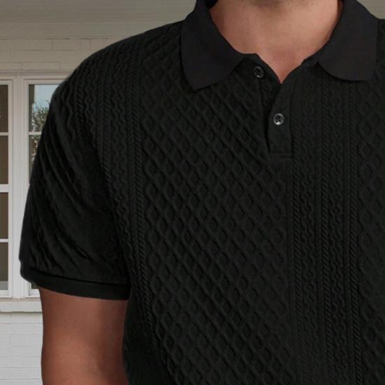 Мужские топы с лацканами, короткими рукавами, однотонная футболка с жаккардовым декором, однотонные топы из жаккардовой ткани