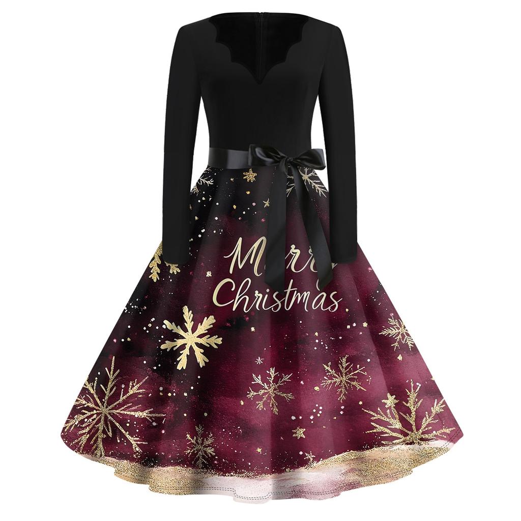 Christmas Print Flare Dress For Women Long Sleeve Dress Hollow Party Casual Dresses