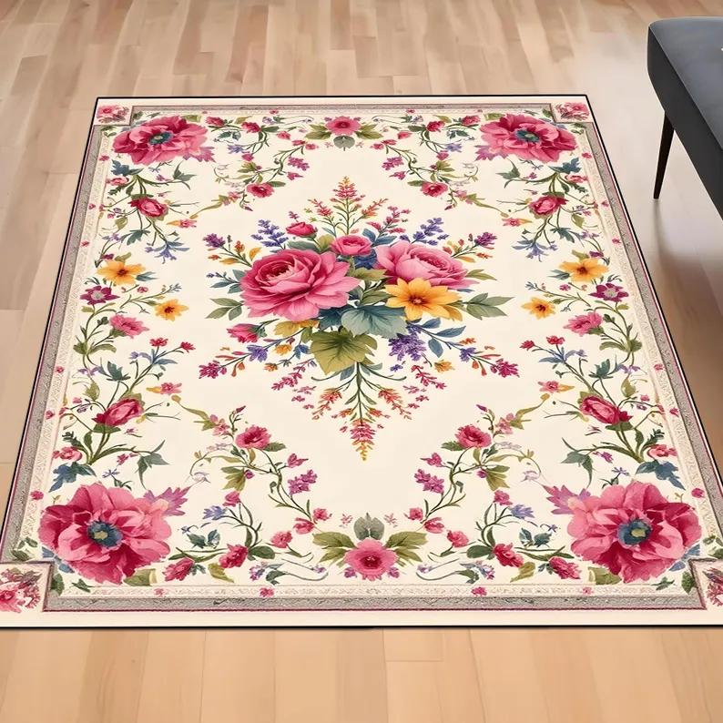Retro Floral Plant Country Carpet for Living Room Bedroom Soft Floor Mat Decor Rug Suitable for Indoor Home Coffee Table Rug