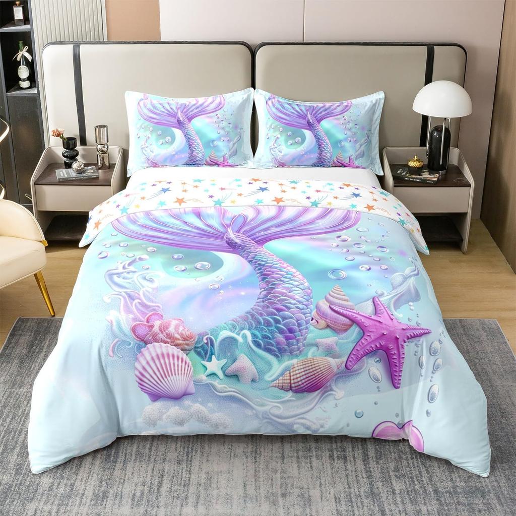 Cute Mermaid Tail Duvet Cover Set Queen King Size Fairy Tale Themed Princess Bedding 3 Pcs For Girls Bedroom Decor Super Soft