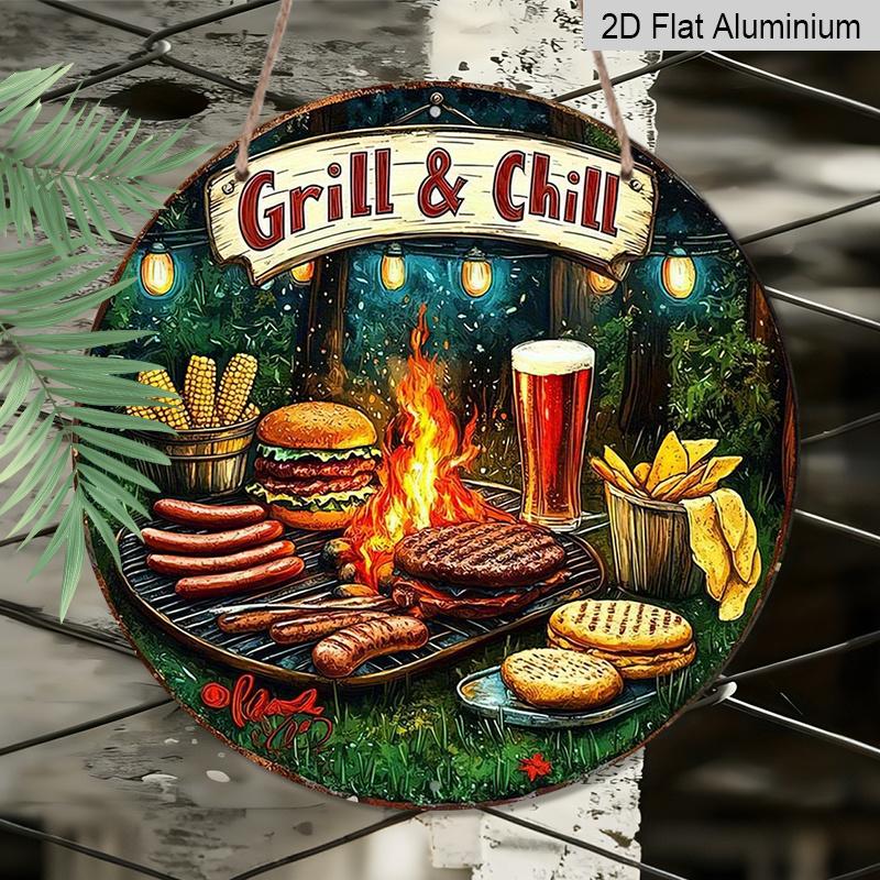 2D плоский, 1 шт. Винтажная металлическая алюминиевая настенная табличка «Grill & Chill BBQ» - Круглая арт-деталь для декора помещений/улицы, идеально подходит для загородного дома, кафе, бара, гаража