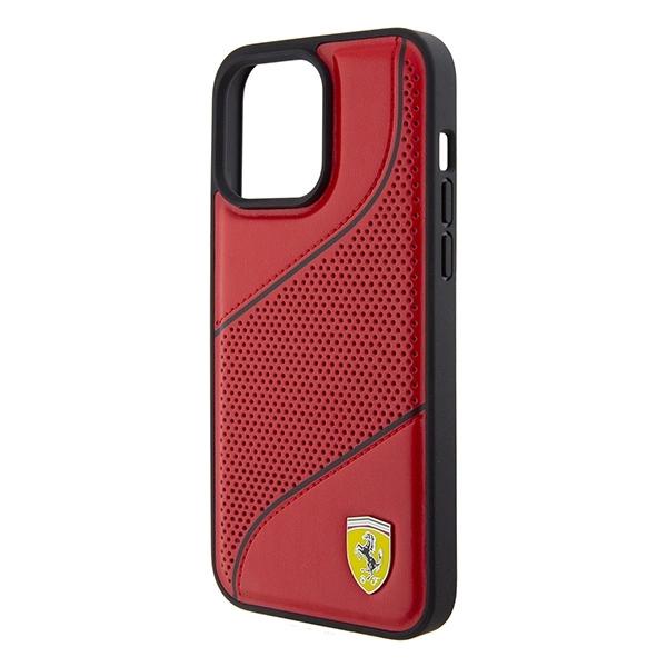 Ferrari Perforated Waves Metal Logo Case For Iphone 15 Pro - Red