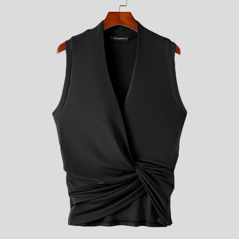 INCERUN Мужские майки без рукавов с глубоким V-образным вырезом, летние, с перекрещивающимися спереди жилетками