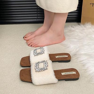 Ретро интернет-знаменитость фея ветер слово с пушистыми тапочками женская одежда 2025 осень и зима новые плоские тапочки
