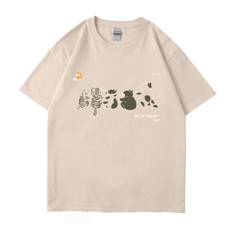 Рубашка с коротким рукавом, мужская, с рисунком кошки, летние, свободные и универсальные, студенческие футболки