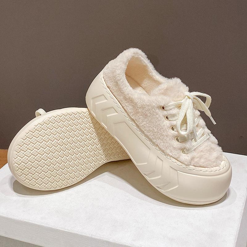Мода 2024 года, горячая распродажа, короткие плюшевые теплые кроссовки для женщин, обувь на шнуровке, новые повседневные удобные нескользящие женские туфли на толстой подошве