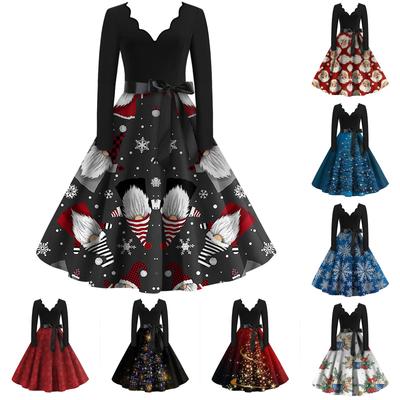Женские модные повседневные тонкие рождественские платья с длинным рукавом с v-образным вырезом и принтом