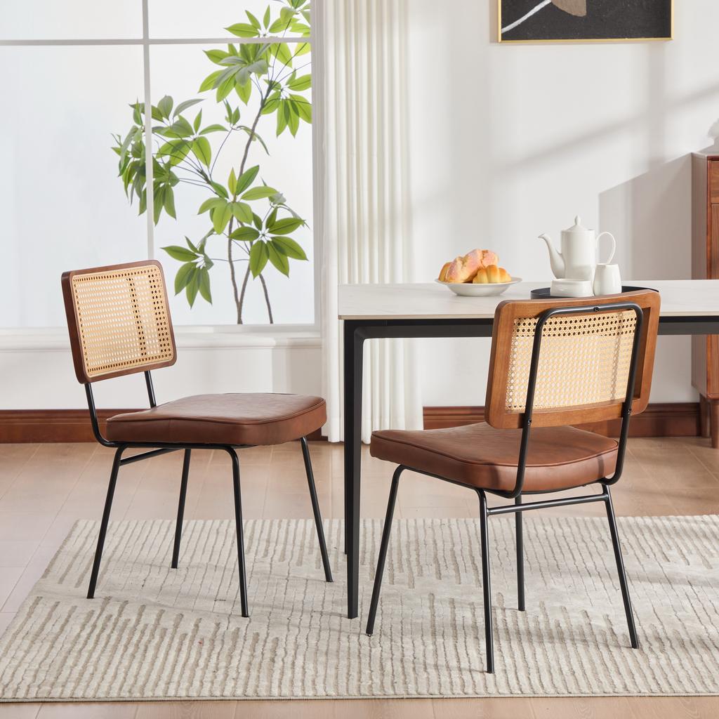 Modern Dining Chair, Set of 2, PU Leather Upholstery in Vintage Style, without Armrests, Solid Wood Frame, Rattan Look, Adjustable Metal Feet-Brown