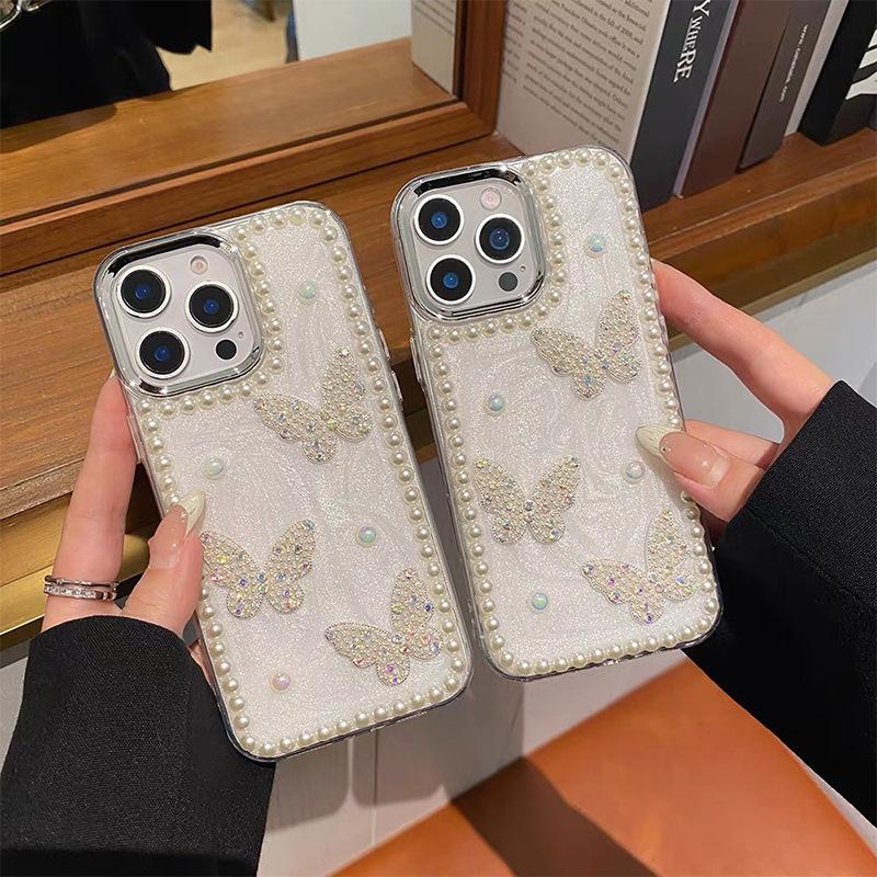 Для Apple 16 Promax Чехол для мобильного телефона Новый стиль для IPhone 15 Маленький свежий стиль 17 Жемчужный Прозрачный Бабочка Блестящая пудра