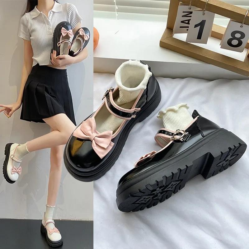 Женские туфли с бантиками Туфли в стиле Лолиты Kawaii Mary Jane Женские туфли в японском стиле Vintage High Cabble Platform College Student