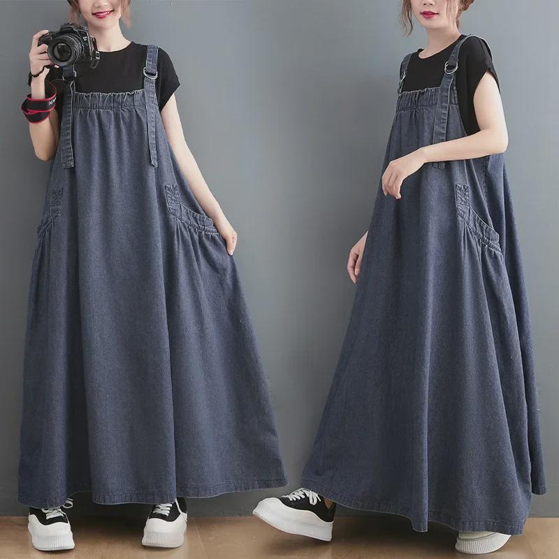 2024 Plus Size Women's Spring/Summer Denim Suspender Swing Dress