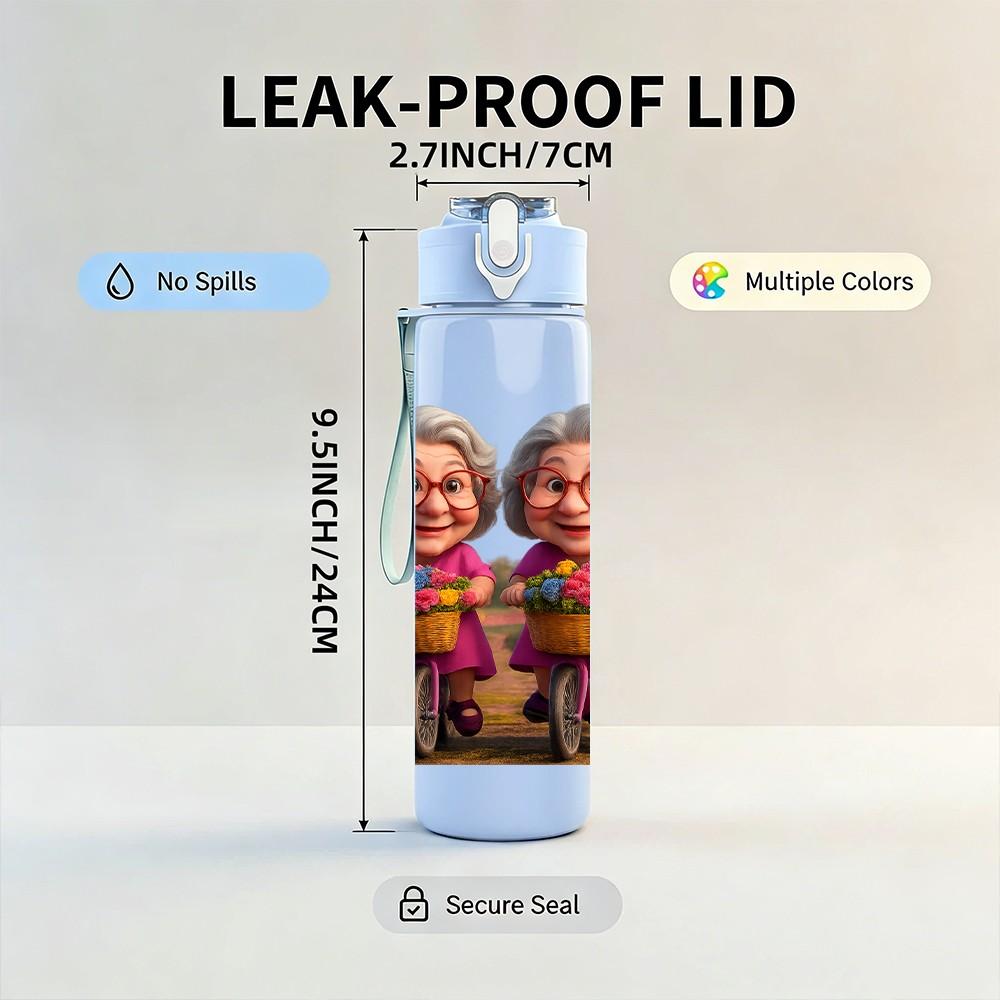 1PC Two Elderly Old Ladies Portrait Print 750ml Color Plastic Sports Water Bottle Leakproof Flip Straw Lid Suitable for Sports Office Home Use