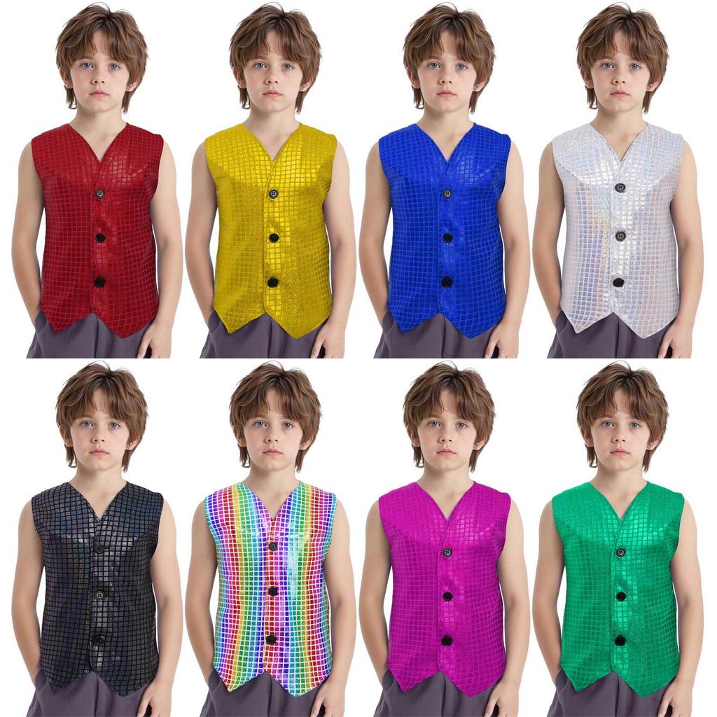 Boys Girls Dance Stage Performance Costume V Neck Sleeveless Asymmetrical Hem Button Metallic Plaid Vest