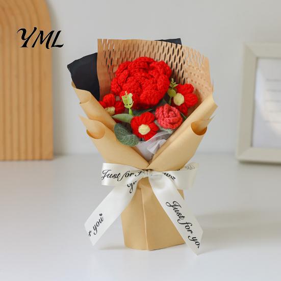 Floral Home Table Decor Hand Crocheted Yarn Flower Bouquet, Knitted Artificial Rose Sunflower, Handmade Decorative Ornament Crochet Flowers