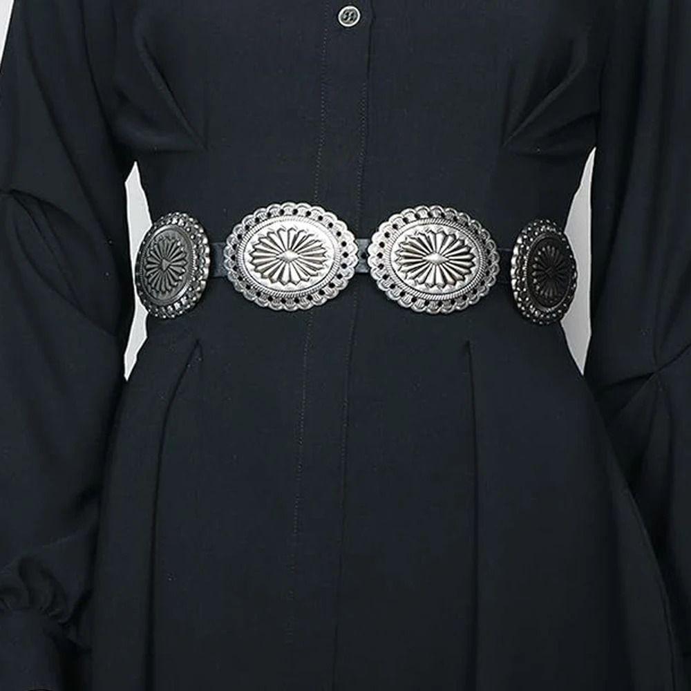 Wide Bohemian Style Belts Western Style Cowboy Ethnic Style Waistband Metal Carved Belts Women