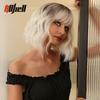 Synthetic Bob Hair Wig with Bangs Ombre Platinum Blonde Cosplay Wigs for Women Short Heat Resistant Female Daily Lolita Wavy Wig