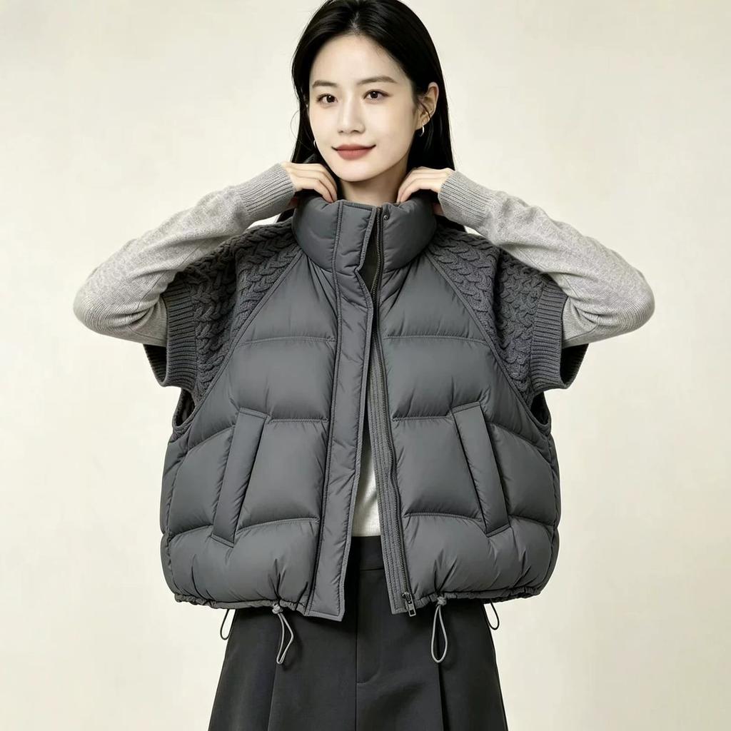 Knitted splicing short-sleeved down cotton vest women's winter new stand-up collar short drawstring loose vest jacket
