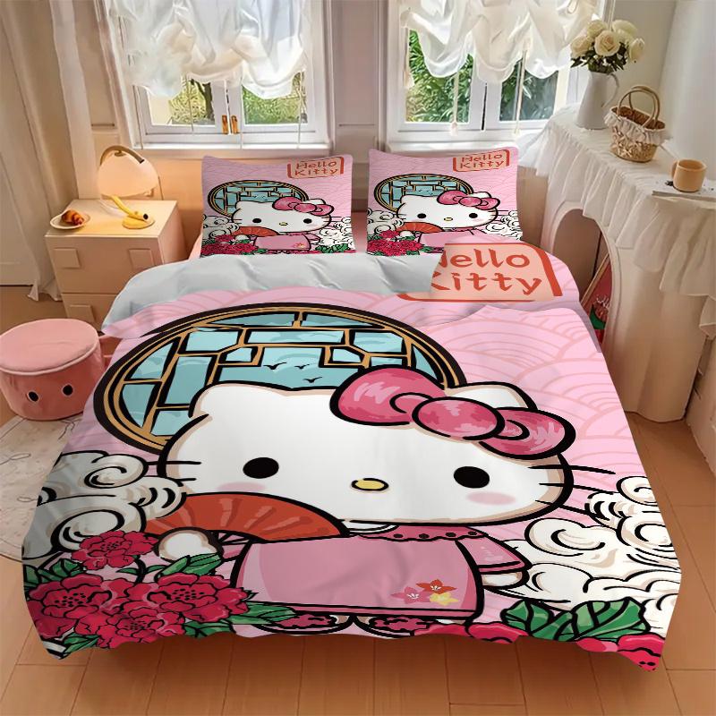 3 шт. Постельное белье в древнем стиле с рисунком Hello Kitty, комплект из трех предметов (1 Наволочка + 2 Наволочки, Без Наполнителей),  Мягкий и удобный W004