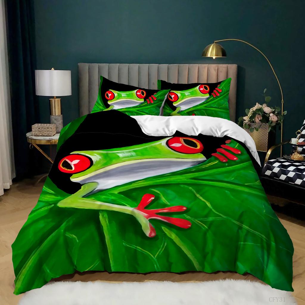 Lovely Frog Duvet Cover Set King Size Funny Frog Tropical Amphibian Bedding Set 3D Tropical Nature Animal Frog Quilt Cover Set