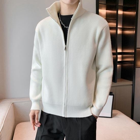 Мужской свитер, пальто, застежка-молния, трикотаж, эластичный, с длинными рукавами, воротником-стойкой, верхняя одежда, однотонный повседневный кардиган, повседневная школьная куртка средней длины