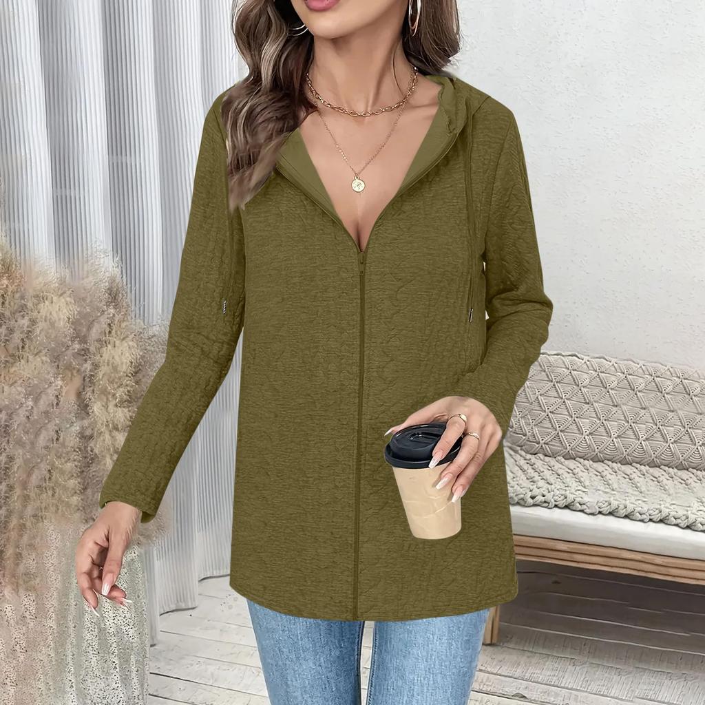 Women's Solid Color Loose Zipper Long Sleeved Hooded Top Casual Cardigan Jacket