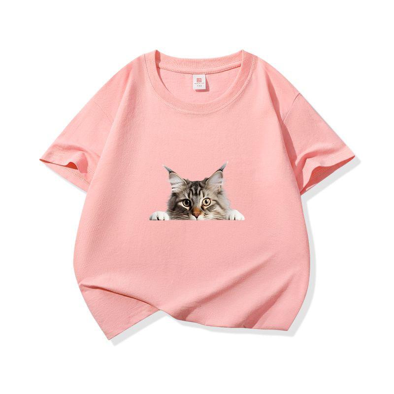 Kids Cotton T Shirt Peeking Maine Cat Pattern Print Crew Neck Short Sleeve Tee Casual Breathable Boys Girls Summer Tops