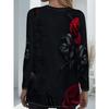 Ladies Plus Size with Pocket Design Black Rose Print Long Sleeve Loose Top, Fashion Versatile T-Shirt