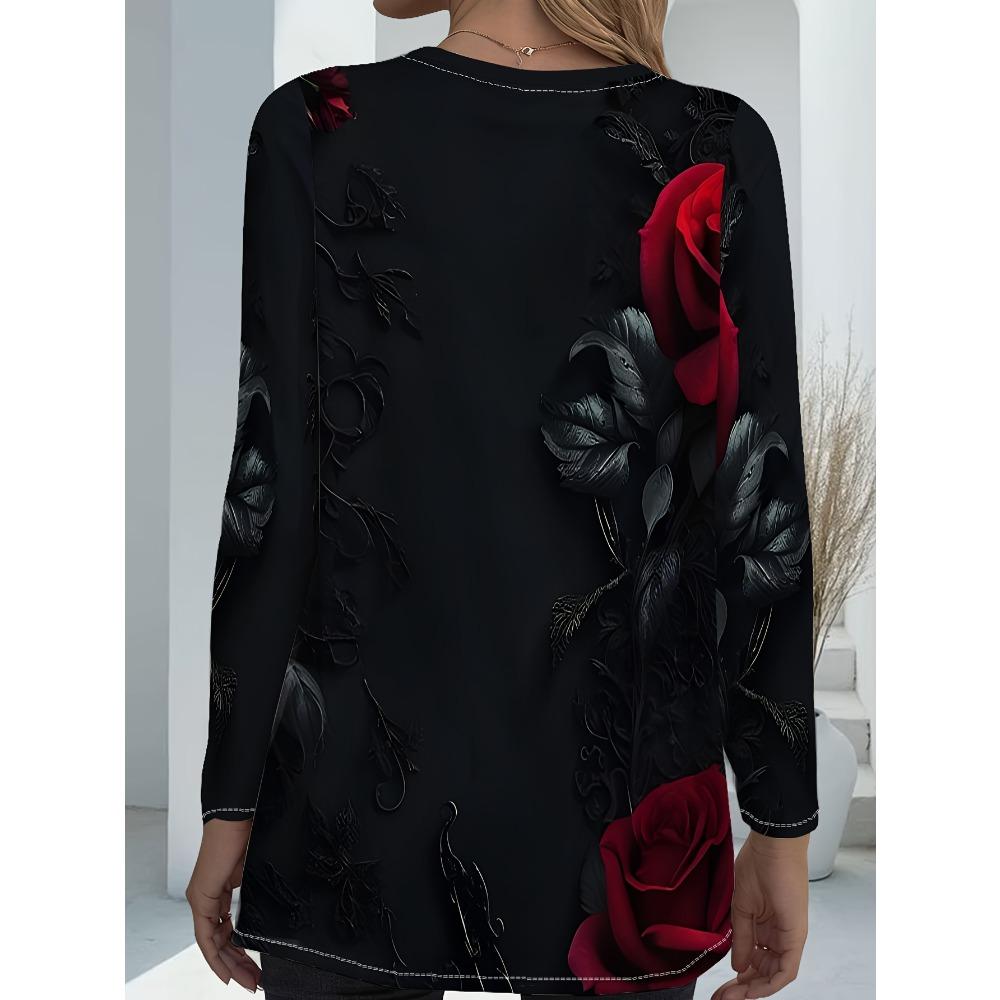 Ladies Plus Size with Pocket Design Black Rose Print Long Sleeve Loose Top, Fashion Versatile T-Shirt