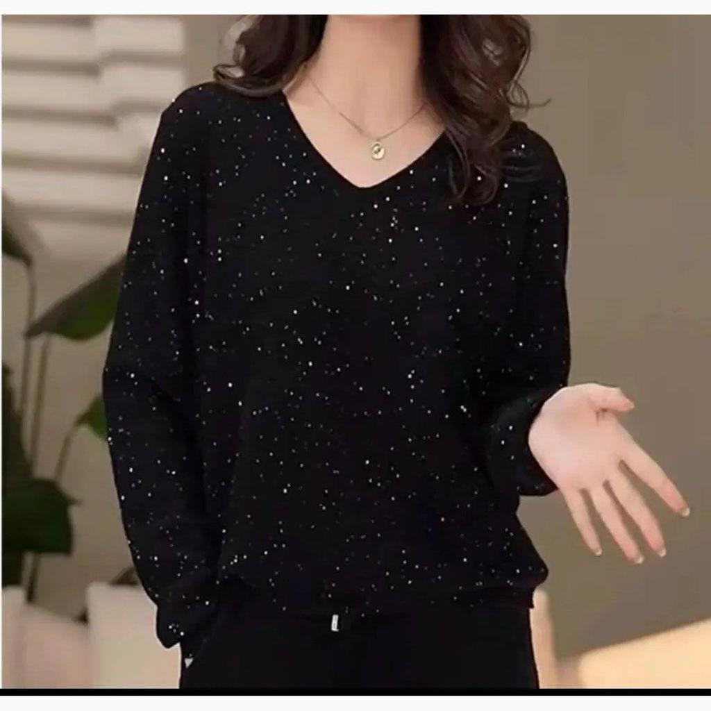 Бархатная рубашка с пайетками большого размера со звездным V-образным вырезом и длинными рукавами