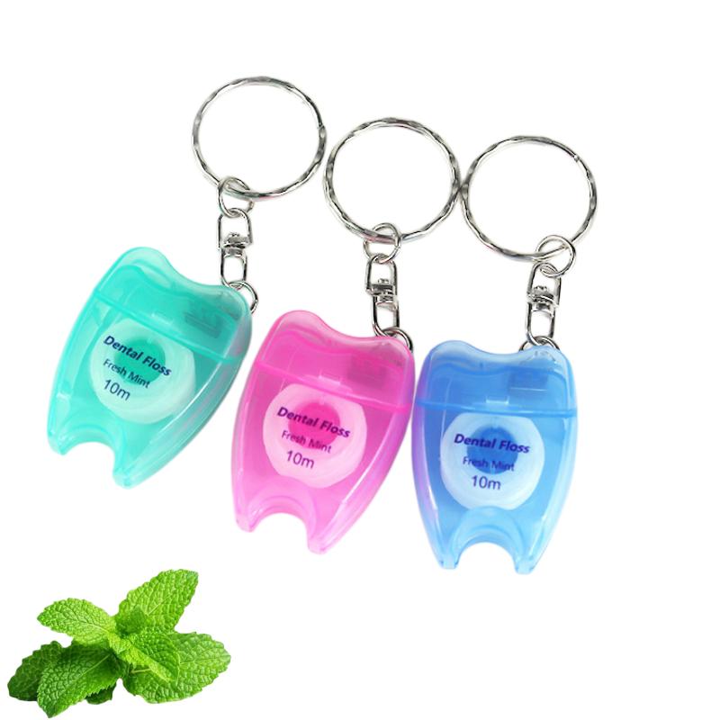 10pcs 10M Mint Flavored Dental Floss Roll Portable Keychain Tooth-Shaped Design Oral Hygiene Teeth Cleaning Tool Random Color