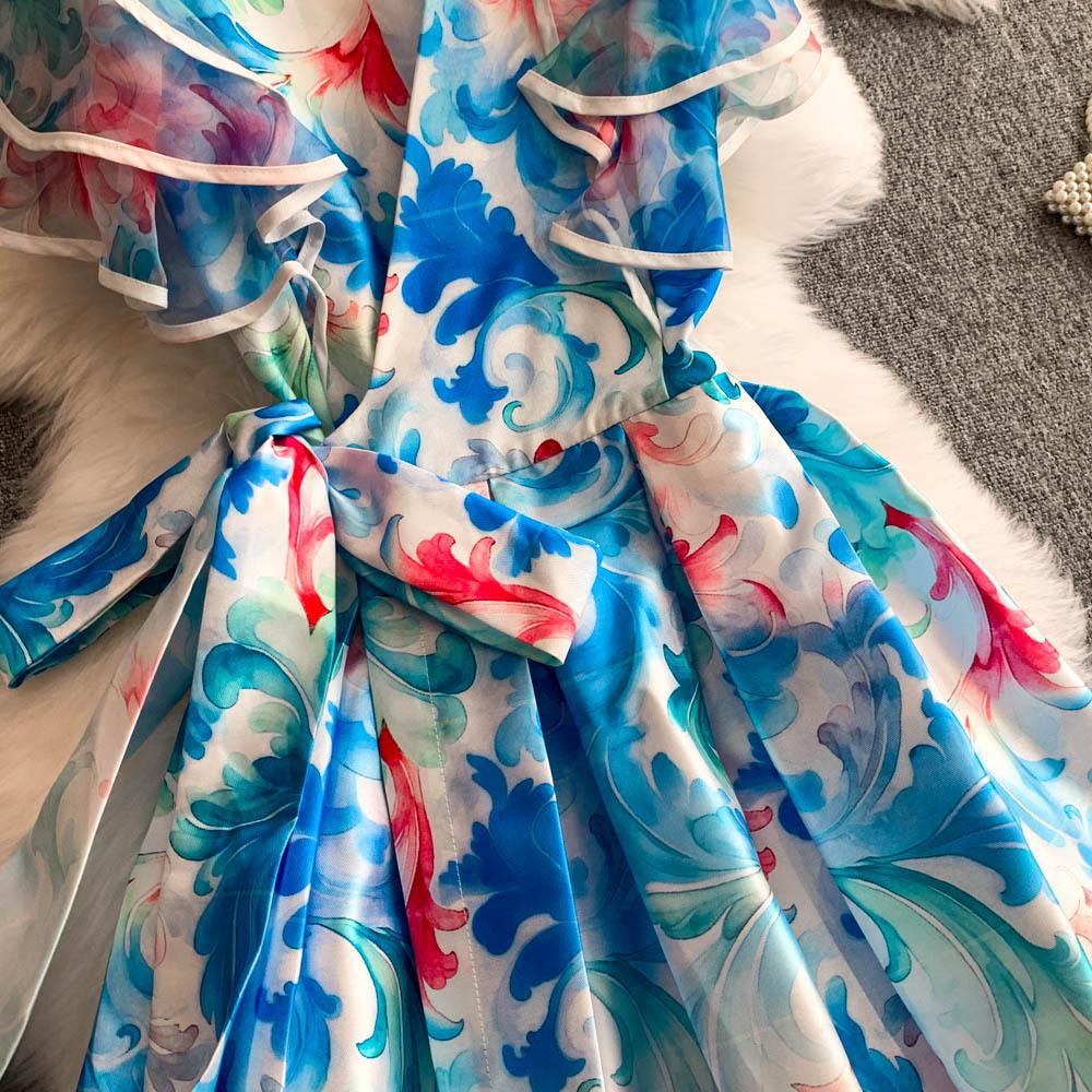 Элегантные длинные платья с цветочным принтом для женщин, летние, праздничные, с рукавами-рюшами, цельные, запашные, с V-образным вырезом, винтажные, ретро, вечерние