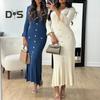 Spring Fall Women Dress Button Decor V Neck Knitted Long Sleeves Slim Fit Patchwork Fishtail Hem Solid Color Stretchy Maxi Dress