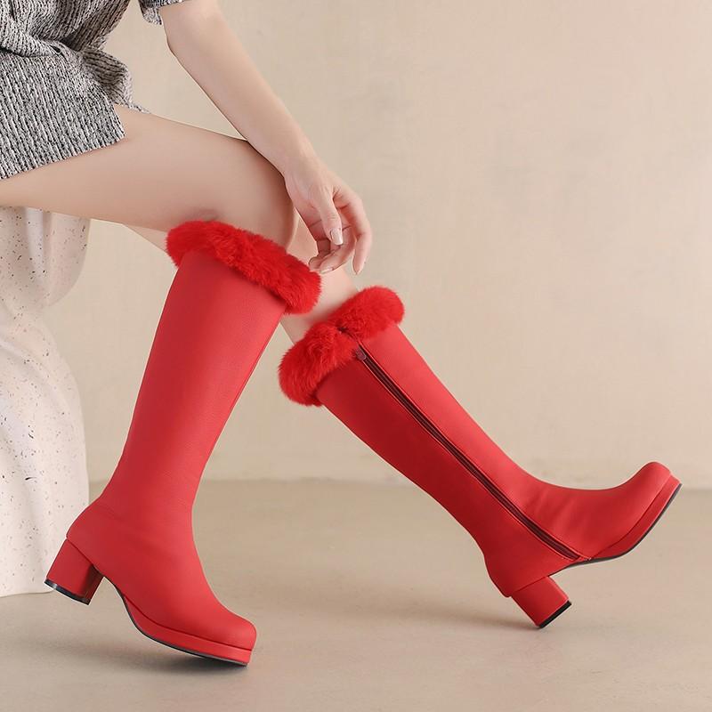 Six Colors Furry Decoration Knee High Boots Women Plus Size 33-48 Grained Pu Platform High Heel Lady Party Long Boots White Pink
