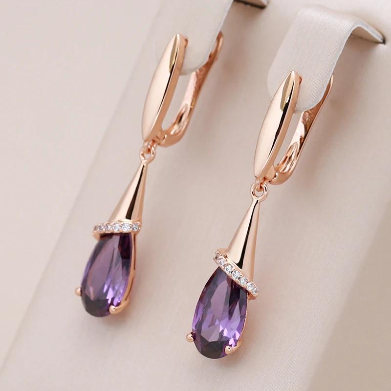 1 Pair Gold Color Long Drop Earrings for Women Elegant Purple Zircon Water Drop Dangle Earrings Fine Jewelry Crystal Gift